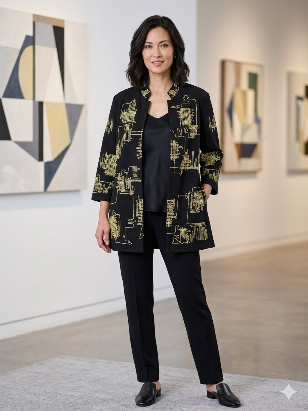 EUC Ming Wang Embroidered Knit 3/4 Sleeve Jacket Black Citron Size M